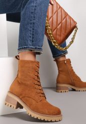 Brązowe Botki ze Sznurowaniem Ditra. Brązowe botki damskie Renee, bez wzorów, eleganckie, przed kolano, bez obcasa, na płaskiej podeszwie, bez zapięcia. Za 139.99 zł.