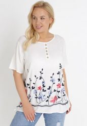 Biała Bluzka Euphthise. Białe bluzki damskie Born2be, xl, w ażurowe wzory, z bawełny, bez kołnierzyka, bez ramiączek. Za 34.99 zł.