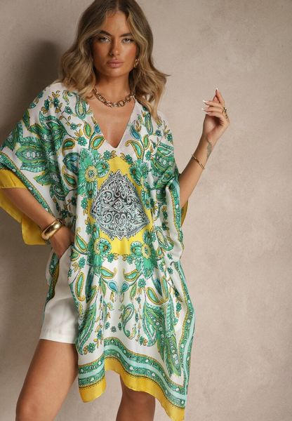 Żółte Ponczo Narzutka z Wiskozy i Jedwabiu w Stylu Boho Acera. Żółte stroje kąpielowe damskie Renee, z aplikacjami, z materiału. Za 49.99 zł.