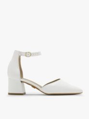 Czółenka na klocku. Białe czółenka damskie Ryłko, bez wzorów, ze skóry, bez obcasa, na słupku, bez zapięcia. W wyprzedaży za 229.99 zł.