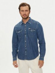 Guess Jeans Koszula jeansowa M4YH55 D5EI1 Granatowy Slim Fit. Niebieskie koszule męskie Guess Jeans, m, z aplikacjami, z bawełny, bez kołnierzyka, bez ramiączek. Za 199.99 zł.