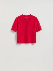 Kardigan z wełną - czerwony. Czerwone kardigany damskie Reserved, l, bez wzorów, z dzianiny, bez kołnierzyka. Za 129.99 zł.