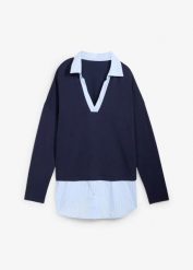 Sweter z cienkiej dzianiny z koszulową wstawką. Niebieskie swetry nierozpinane damskie bonprix, bez wzorów, z dzianiny, bez kołnierzyka, bez ramiączek. Za 99.99 zł.