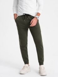 Spodnie męskie dresowe joggery - oliwkowe V2 - Rozmiar: L. Zielone spodnie sportowe męskie Ombre Clothing, l, bez wzorów, z bawełny. W wyprzedaży za 69.99 zł.