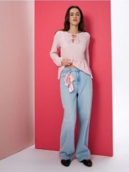 Jeansy wide leg high waist z materiałowym paskiem - niebieski. Niebieskie jeansy damskie Sinsay, bez wzorów, z jeansu, z podwyższonym stanem. Za 69.99 zł.