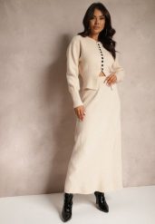 Jasnobeżowy Komplet z Dzianiny z Wełną Kardigan z Guzikami i Spódnica z Gumką w Talii Melzina. Brązowe kardigany damskie Renee, bez wzorów, z dzianiny, eleganckie, bez kołnierzyka. Za 149.99 zł.