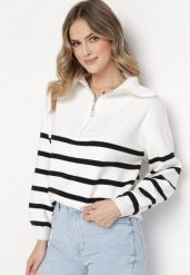 Biało-Czarny Golf Sweter Zapinany na Suwak w Paski Sakine. Białe swetry nierozpinane damskie Born2be, m, bez wzorów, bez kołnierzyka, bez ramiączek. Za 119.99 zł.