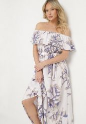 Niebiesko-Biała Sukienka Hiszpanka o Rozkloszowanym Kroju z Wiązanym Paskiem Sesiniela. Niebieskie sukienki damskie Born2be, na co dzień, l, bez wzorów, eleganckie, bez kołnierzyka, bez ramiączek, maxi, rozkloszowane. Za 64.99 zł.