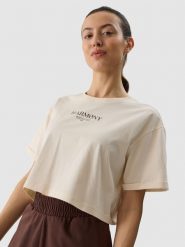 4F T-shirt crop top z nadrukiem damski - kremowy S. Brązowe t-shirty damskie 4F, s, bez wzorów, z bawełny, sportowe, bez kołnierzyka, bez ramiączek. W wyprzedaży za 39.99 zł.