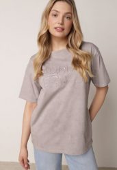 Szary Oversizowy T-shirt z Bawełny Zdobiony Haftem z Cekinami Pidella. Szare t-shirty damskie Born2be, m, z aplikacjami, z bawełny, bez kołnierzyka, bez ramiączek. Za 59.99 zł.