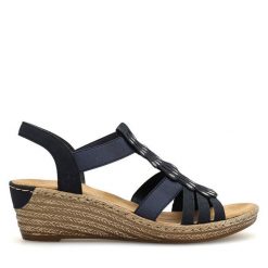 Sandały Rieker. Niebieskie sandały damskie Rieker, bez wzorów, bez obcasa, na koturnie, bez zapięcia. Za 319.99 zł.