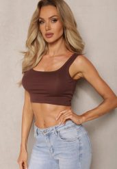 Brązowy Tank Top z Elastycznej Bawełny z Głębokim Dekoltem Omaliana. Brązowe topy damskie Renee, l, bez wzorów, z bawełny, bez kołnierzyka, bez ramiączek. Za 14.99 zł.