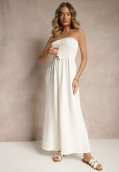 Jasnobeżowy Kombinezon Bandeau z Szeroką Nogawką Zdobiony Frędzlami Dovaira. Brązowe sukienki damskie Renee, na co dzień, na lato, l, z aplikacjami, boho, bez kołnierzyka, bez ramiączek, proste. Za 49.99 zł.