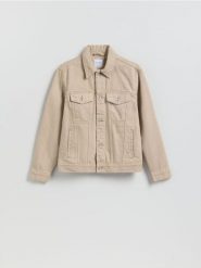 Jeansowa kurtka - beżowy. Brązowe kurtki męskie Reserved, l, bez wzorów, z denimu, bez kaptura. Za 169.99 zł.