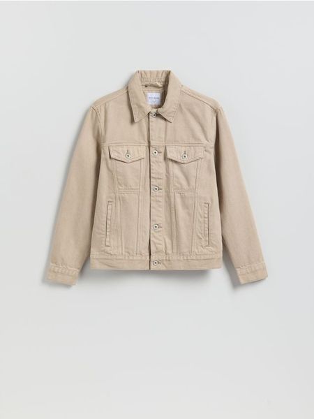 Jeansowa kurtka - beżowy. Brązowe kurtki męskie Reserved, l, bez wzorów, z denimu, bez kaptura. W wyprzedaży za 119.99 zł.