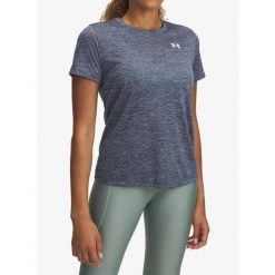 Koszulka treningowa damska Under Armour UA Tech Twist SS. Niebieskie bluzki damskie Under Armour, bez wzorów, sportowe, bez kołnierzyka, bez ramiączek. Za 88.99 zł.
