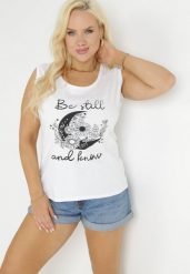 Biały Tank Top z Nadrukiem i Okrągłym Dekoltem Irinka. Białe topy damskie Born2be, xl, bez wzorów, bez kołnierzyka, bez ramiączek. Za 34.99 zł.