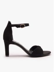 Czarne sandały na wysokim obcasie. Czarne sandały damskie Ryłko, bez wzorów, ze skóry, z okrągłym noskiem, bez obcasa, na obcasie, bez zapięcia. Za 399.99 zł.