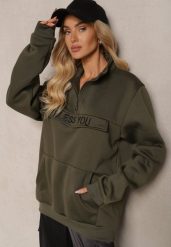 Ciemnozielona Bluza Ozdobiona Napisem Suwakiem i Kieszonką w Stylu Kangurka Zilviana. Zielone bluzy damskie Renee, l, bez wzorów, z jeansu, klasyczne, bez ramiączek, bez kaptura. Za 74.99 zł.
