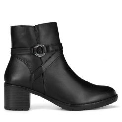 Botki Remonte. Czarne botki damskie Remonte, bez wzorów, bez obcasa, na słupku, bez zapięcia. Za 367.00 zł.