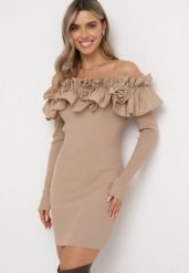 Beżowa Sukienka Hiszpanka Mini z Falbankami Xerxeni. Brązowe sukienki damskie Born2be, z aplikacjami, z dzianiny, bez kołnierzyka, bez ramiączek, mini. Za 119.99 zł.