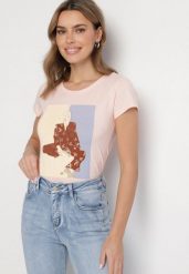 Jasnoróżowy Bawełniany T-shirt z Ozdobnym Nadrukiem Setonisea. Czerwone t-shirty damskie Born2be, l, bez wzorów, z bawełny, bez kołnierzyka, bez ramiączek. Za 34.99 zł.