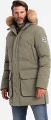 Kurtka męska Ombre Długa męska kurtka parka z rozpinanym dołem ciemnooliwkowa V4 OM-JALJ-0184 XL. Zielone kurtki męskie Ombre, m, bez wzorów, bez kaptura. Za 499.99 zł.