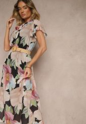 Czarna Rozkloszowana Sukienka Zdobiona Wiązaniem i Paskiem z Klamrą Sorisse. Czarne sukienki damskie Renee, na spacer, l, z aplikacjami, eleganckie, bez kołnierzyka, bez ramiączek, maxi, rozkloszowane. Za 89.99 zł.