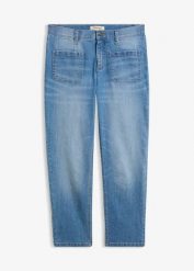 Jeansy o kroju slim, high waist, cropped. Niebieskie jeansy damskie bonprix, bez wzorów, z jeansu, z podwyższonym stanem. Za 112.99 zł.