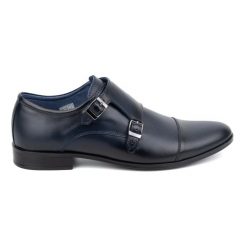 Olivier Skórzane buty wizytowe Monki 306LU granatowe niebieskie. Niebieskie buty wizytowe męskie bez wzorów, z jeansu, bez obcasa, bez zapięcia. Za 367.89 zł.