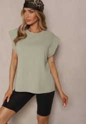 Zielony Top z Bawełny Ozdobiony Falbanką Galanetia. Zielone topy damskie Renee, bez wzorów, z bawełny, klasyczne, bez kołnierzyka, bez ramiączek. Za 44.99 zł.
