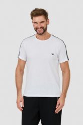 EMPORIO ARMANI Biały t-shirt bande logo. Białe t-shirty męskie Emporio Armani, l, bez wzorów, bez kołnierzyka, bez ramiączek. W wyprzedaży za 179.99 zł.