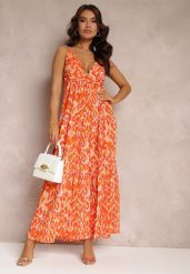 Pomarańczowa Sukienka Maxi na Regulowanych Ramiączkach z Abstrakcyjnym Wzorem Jerela. Brązowe sukienki damskie Renee, na co dzień, m, bez wzorów, z tkaniny, boho, bez kołnierzyka, bez ramiączek, maxi, proste. Za 169.99 zł.