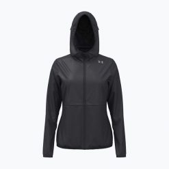 Kurtka do biegania damska Under Armour Velociti Pro Storm. Czarne kurtki sportowe damskie Under Armour, bez wzorów, bez ramiączek, bez kaptura, do biegania. Za 339.99 zł.