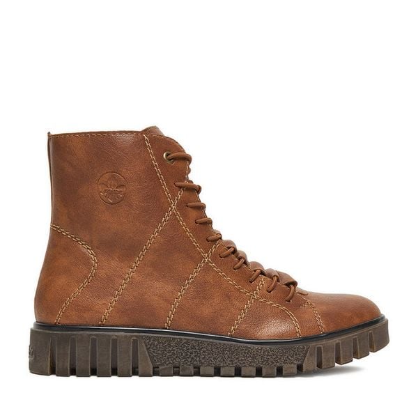 Trzewiki Rieker. Brązowe botki damskie Rieker, bez wzorów, bez obcasa, na płaskiej podeszwie, bez zapięcia. Za 329.99 zł.