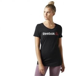 Koszulka sportowa damska Reebok Linear Read Tee. Czarne koszulki sportowe damskie Reebok, bez wzorów, bez ramiączek. Za 104.00 zł.