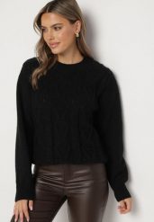Czarny Sweter z Wełną Ściągaczem i Tłoczeniem Riavonnae. Czarne swetry nierozpinane damskie Born2be, bez wzorów, z jeansu, eleganckie, bez kołnierzyka, bez ramiączek. Za 64.99 zł.