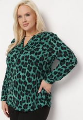 Zielona Bluzka w Panterkę z Guzikami Przy Dekolcie Bexaria. Zielone bluzki damskie Born2be, plus size, bez wzorów, bez kołnierzyka, plus size, bez ramiączek. Za 34.99 zł.