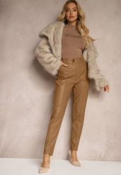 Jasnobrązowe Spodnie o Kroju Slim High Waist z Imitacji Skóry Iritharia. Brązowe spodnie materiałowe damskie Renee, bez wzorów, z jeansu, eleganckie, z podwyższonym stanem. Za 149.99 zł.
