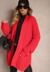 Czerwony Kardigan z Kieszeniami Niezapinany Parika. Czerwone kardigany damskie Renee, m, bez wzorów, z jeansu, eleganckie, bez kołnierzyka. Za 59.99 zł.