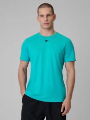 4F Koszulka treningowa regular szybkoschnąca męska - turkusowa 3XL. Niebieskie t-shirty męskie 4F, m, bez wzorów, bez kołnierzyka, bez ramiączek. Za 99.99 zł.