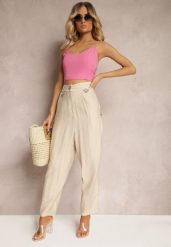 Beżowe Spodnie Typu High Waist Ozdobione Cyrkoniami Sajara. Brązowe spodnie materiałowe damskie Renee, bez wzorów, z jeansu, eleganckie, z podwyższonym stanem. Za 109.99 zł.
