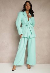 Jasnozielone Szerokie Spodnie High Waist o Garniturowym Kroju z Zakładkami Uliadorea. Zielone spodnie materiałowe damskie Renee, bez wzorów, z jeansu, eleganckie, z podwyższonym stanem. Za 119.99 zł.