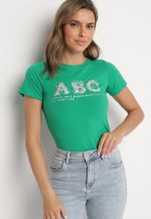 Ciemnozielony T-shirt Bawełniany z Naszywką i Cekinami Olisaria. Zielone t-shirty damskie Born2be, m, z aplikacjami, z bawełny, klasyczne, bez kołnierzyka, bez ramiączek. Za 34.99 zł.
