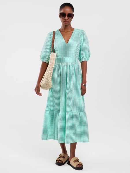 Sukienka damska midi w drobną kratkę z wiązaniem na plecach turkusowa Tiko 302. Niebieskie sukienki damskie BIG STAR, na spacer, na lato, l, bez wzorów, z bawełny, eleganckie, bez kołnierzyka, bez ramiączek, midi. W wyprzedaży za 99.99 zł.