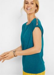 Koszulka boxy. Niebieskie bluzki damskie bonprix, bez wzorów, z bawełny, bez kołnierzyka, bez ramiączek. Za 42.99 zł.