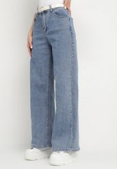 Jasnoniebieskie Jeansy o Szerokim Kroju z Wysokim Stanem Adello. Niebieskie jeansy damskie Born2be, bez wzorów, z jeansu, eleganckie, z podwyższonym stanem. Za 84.99 zł.