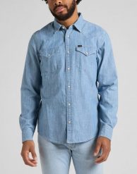 LEE REGULAR WESTERN MĘSKA KOSZULA JEANSOWA NAVY L66WNS35 112145395. Niebieskie koszule męskie Lee, l, bez wzorów, z jeansu, bez kołnierzyka, bez ramiączek. Za 159.99 zł.