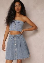 Niebieska Jeansowa Spódnica Mini z Zakładkami Hollette. Niebieskie spódnice damskie Renee, xs, z aplikacjami, z jeansu, eleganckie, mini. Za 64.99 zł.