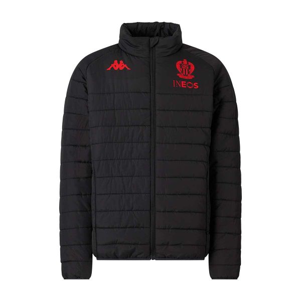 Kurtka puchowa OGC Nice Mikeli 2025/26. Czarne kurtki męskie Kappa, na zimę, l, z aplikacjami, z materiału, sportowe, bez kaptura. Za 395.50 zł.